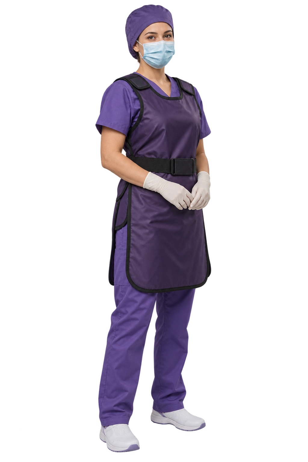 Nurse wearing a lead apron, thyroid collar, mask and gloves