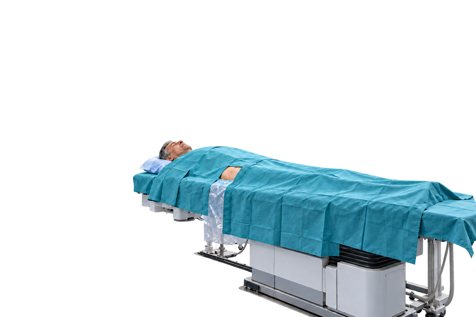 Draped synthetic patient on movable procedure table