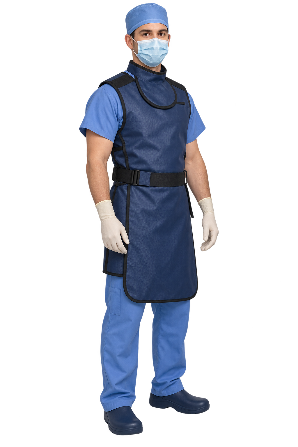 Resident wearing a lead apron, thyroid collar, mask and gloves